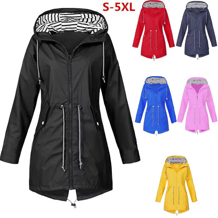 New Women's Waterproof Raincoat Casual Basic Outdoors Drawstring Trench Lightweight Drawstring Jackets Hiking Clothes For Women