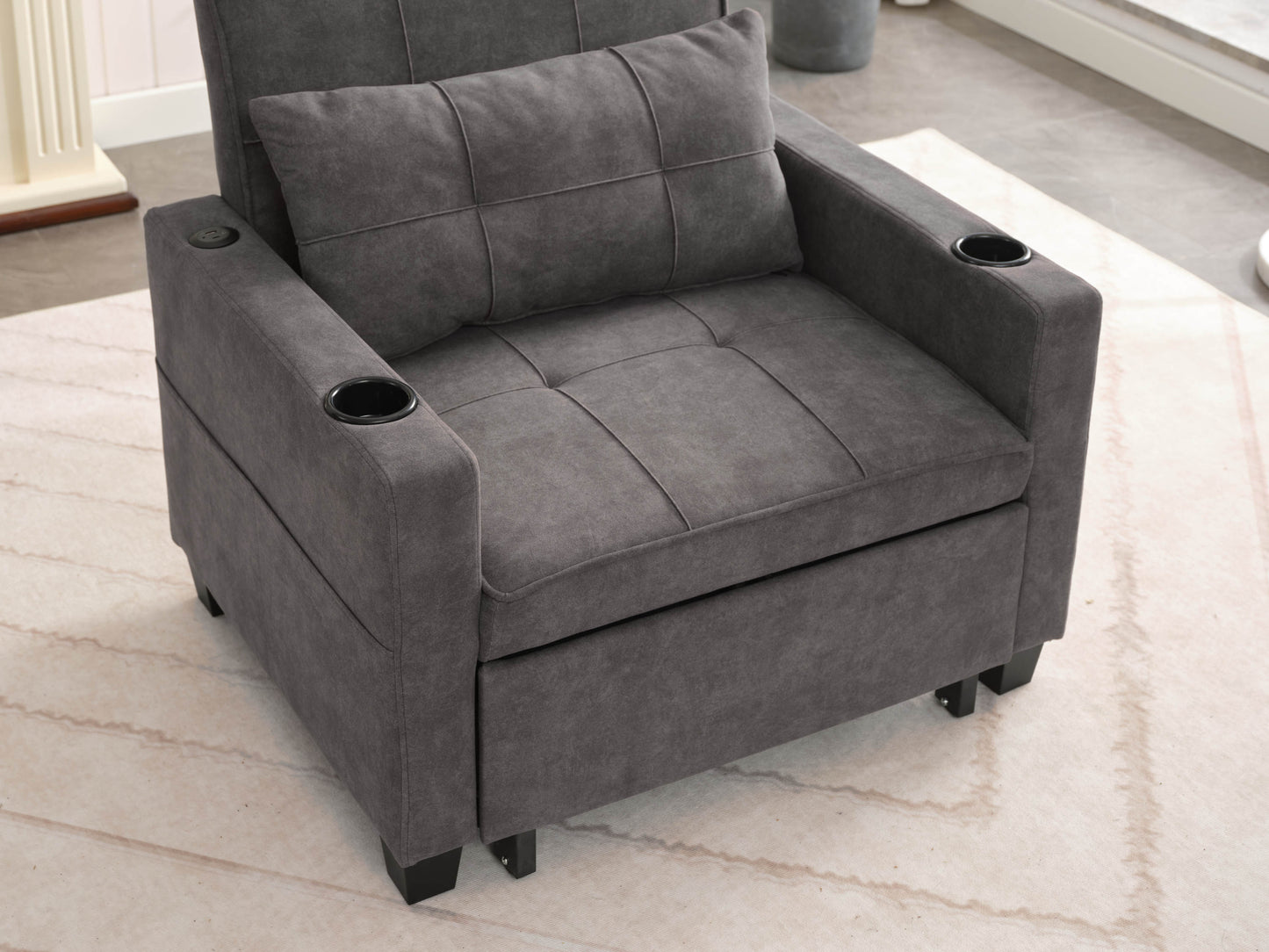 NEW Dark Grey Futon Bed Convertible Chair 3-in-1 Pull Out Sleeper Sofa with USB Ports