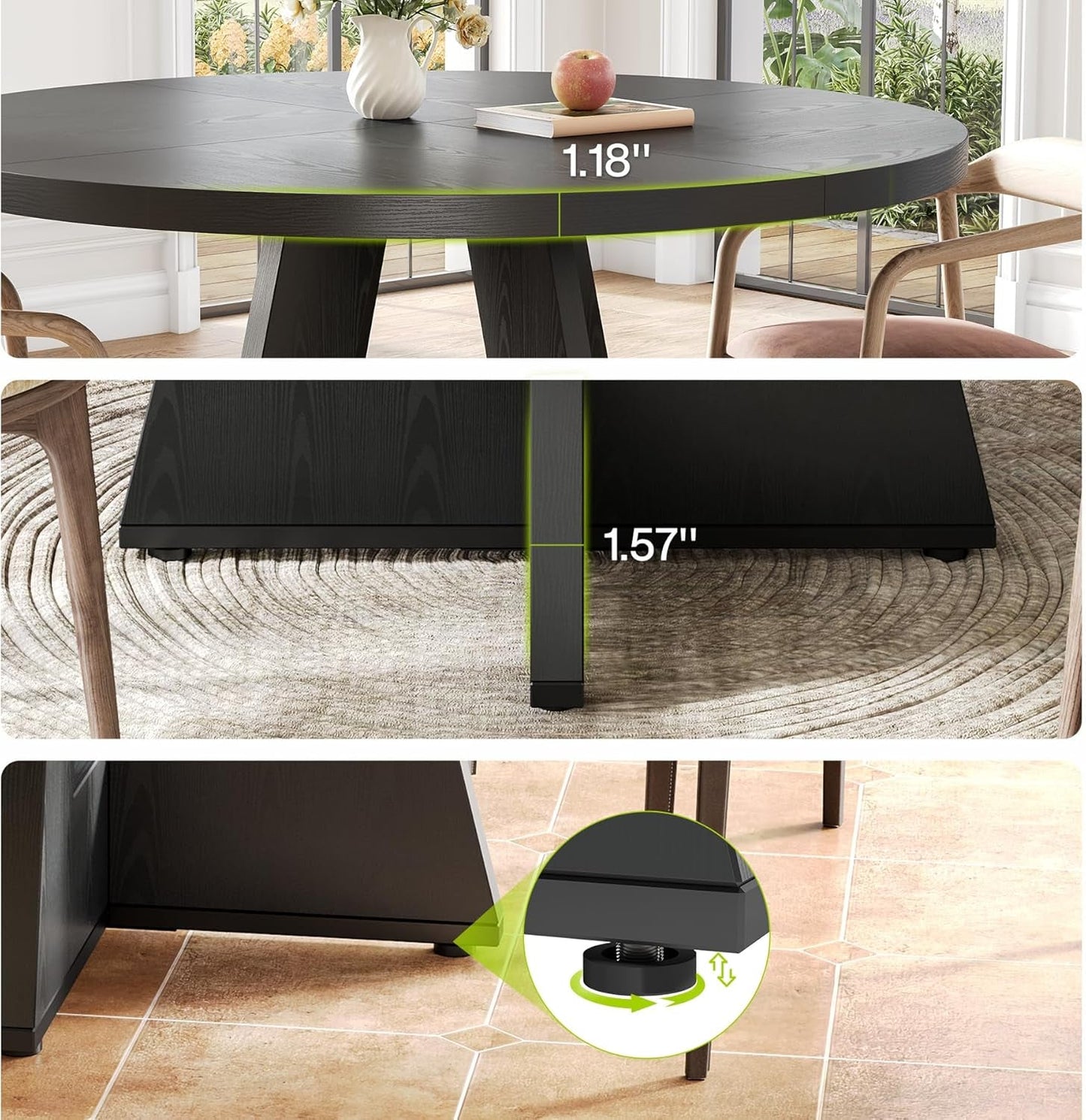 NEW 47 Inch Round Dining Table Black With Wooden Pedestal Base