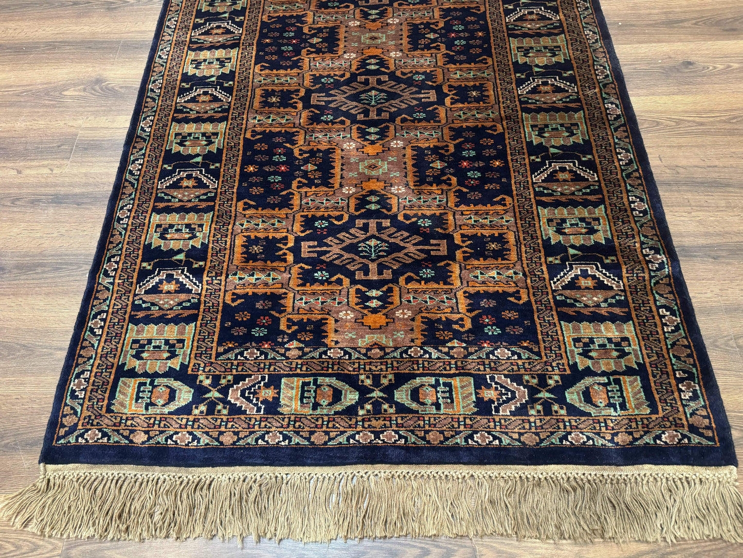 USED Vintage Afghan Rug 4x6, Navy Blue and Light Brown, Geometric Medallions, Wool on Wool, Tribal Rug