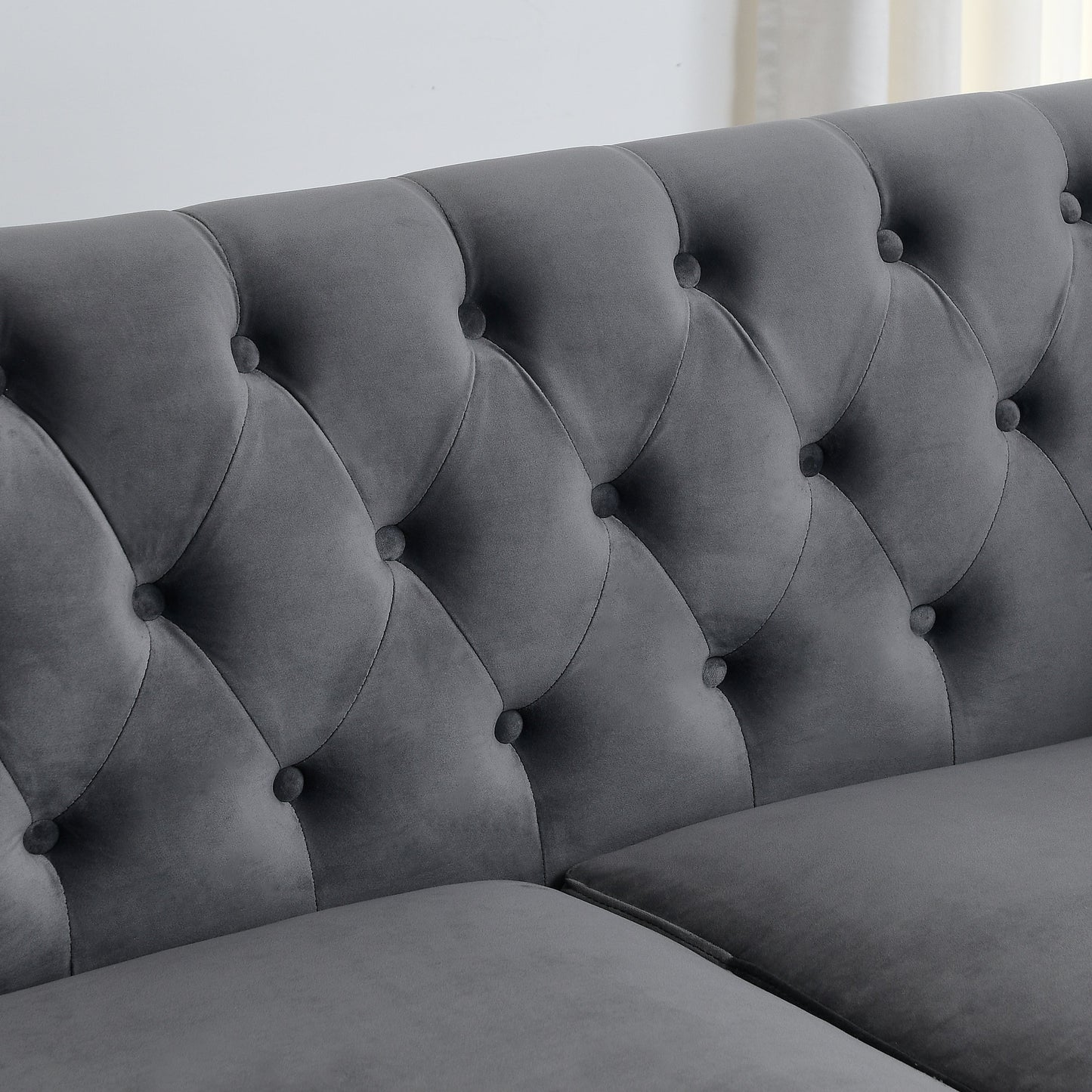 NEW Grey 59-Inch Modern Chesterfield Velvet Sofa 2-Seater Couch Upholstered Tufted Backrests with Nailhead Arms and 2 Cushions