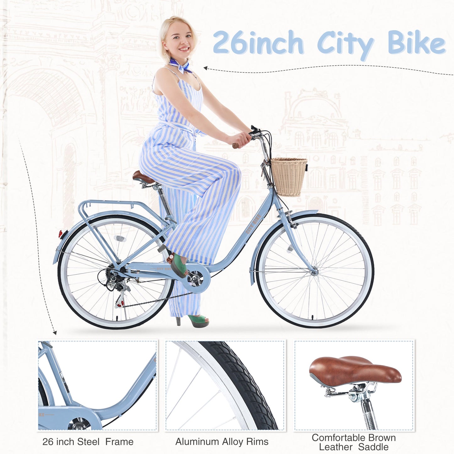 NEW 7 Speed City  Bike With  Basket , Steel Frame ,Multiple Colors 26 Inch Girls Bicycle