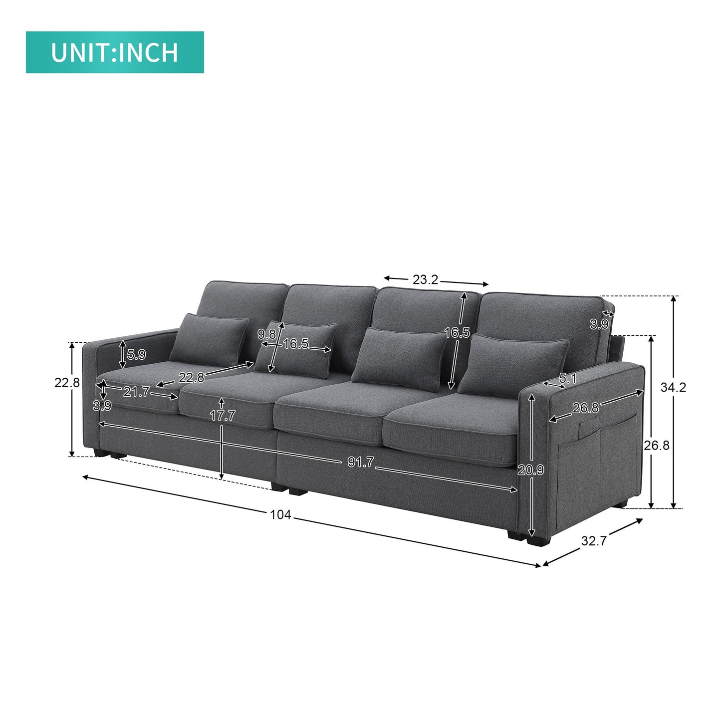NEW 104' 4-Seater Modern Linen Fabric Minimalist Style Couch Sofa with Armrest Pockets and 4 Pillows