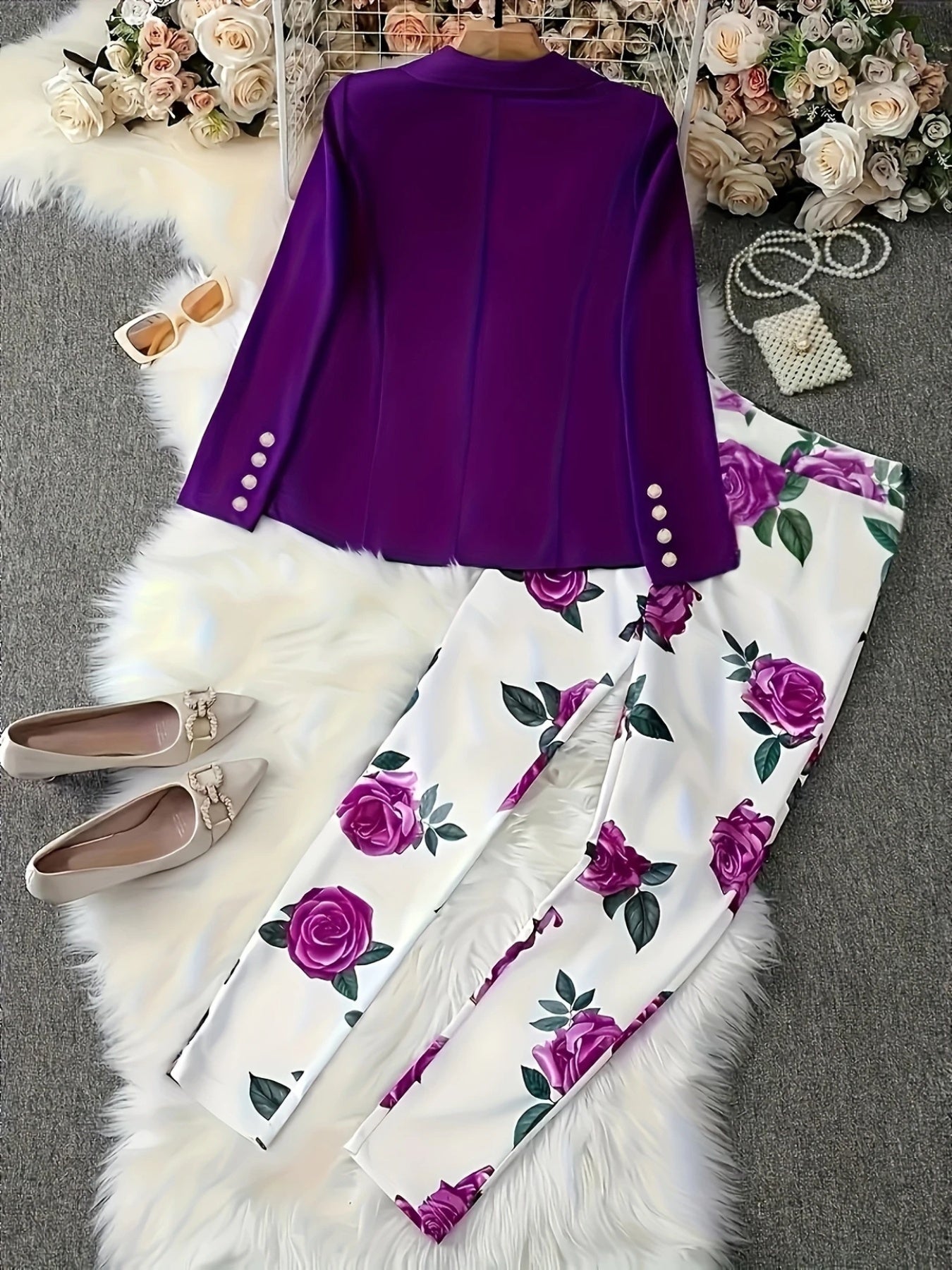 New 2025 New Elegant And Fashionable Casual Floral Print Set, Double Breasted Purple Suit Jacket And Floral Print High Waisted Slim Pants, Spring And Autumn Women's Clothing