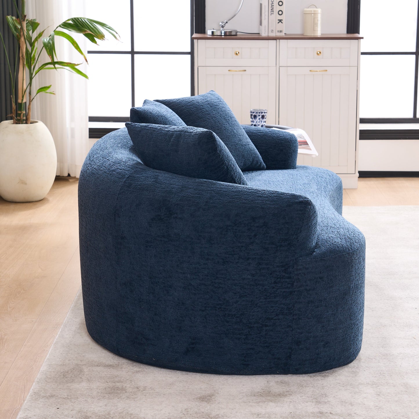 NEW LY-025S Chenille  Curved Loveseat Blue Full Compression Sponge Sofa with 3 Pillows