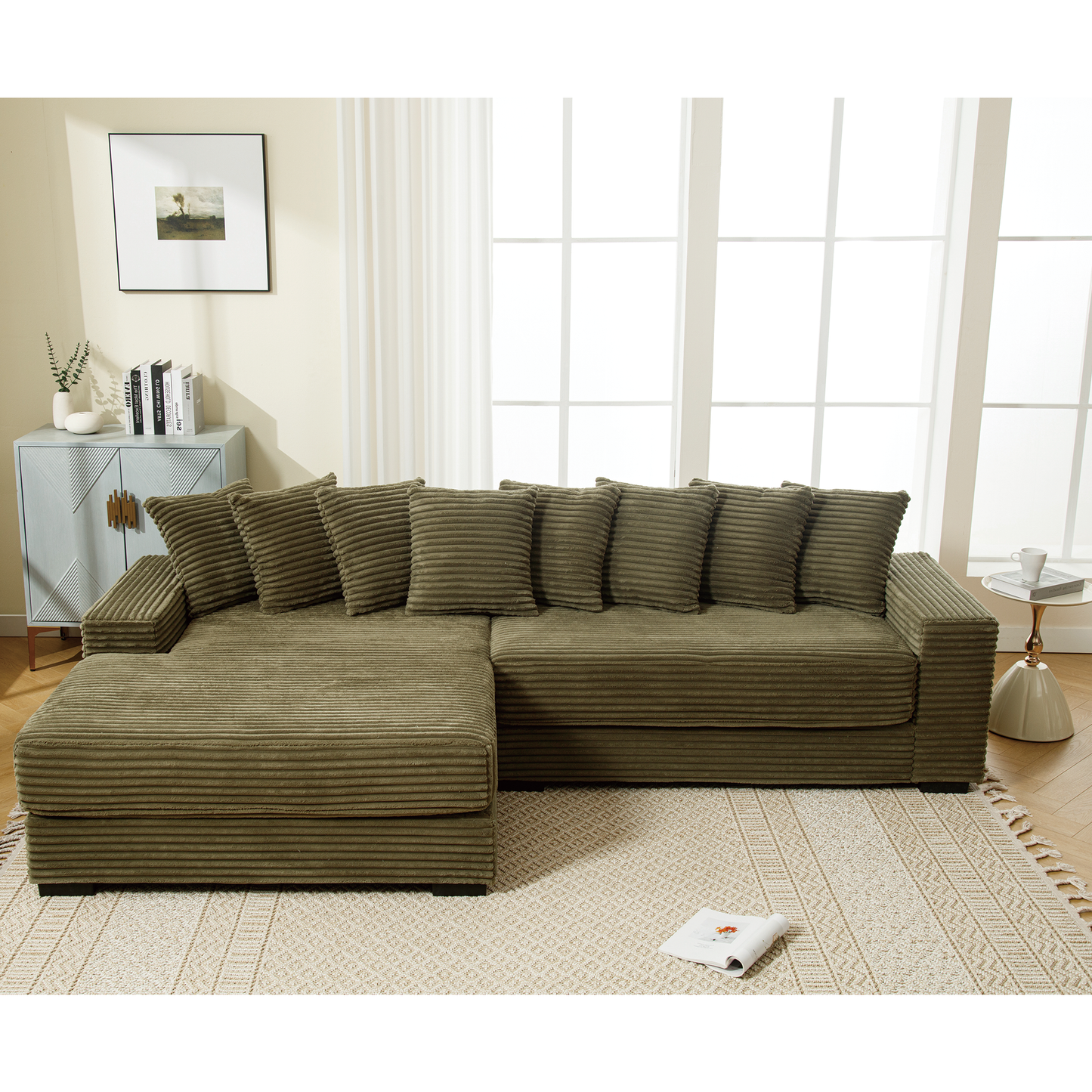 NEW NEW ARRIVED] [VIDEO PROVIDED] Oversized Two-Piece Couches, L Shaped Sofa, Corduroy, Left Chaise Daybed,with Armrests,Eight Throw Pillows,Corner Sofa,Easy To Assemble, Green