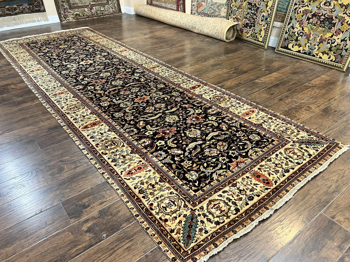 USED Indo Persian Rug 5x15, Wide Runner Rug 5 x 15 ft, Wool Hand Knotted Vintage Carpet, Black & Cream, Floral Allover Long Oriental Rug