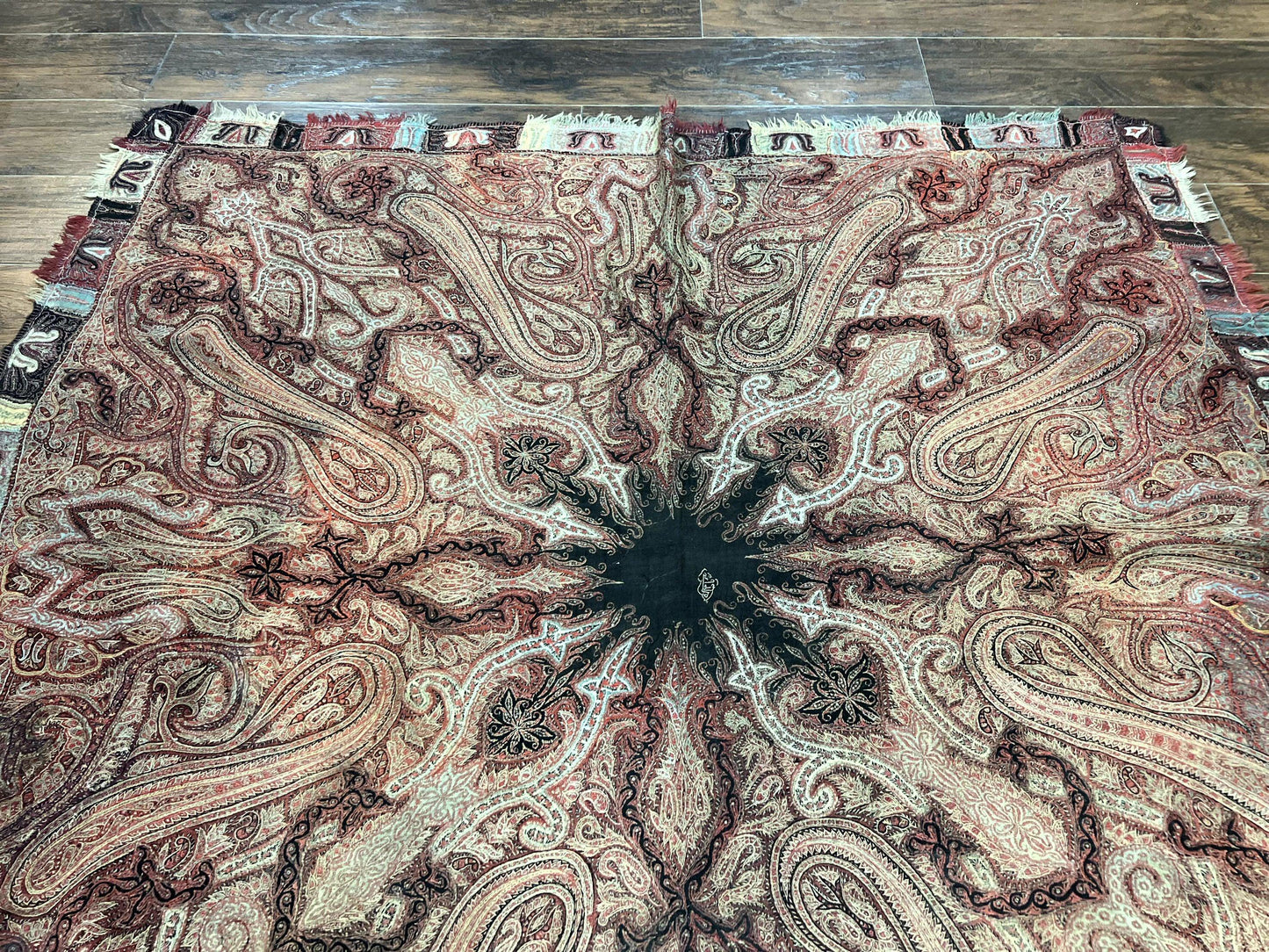 USED Antique Indian Kashmiri Shawl, Needlework, Signed By Masterweaver, Handmade, Rare