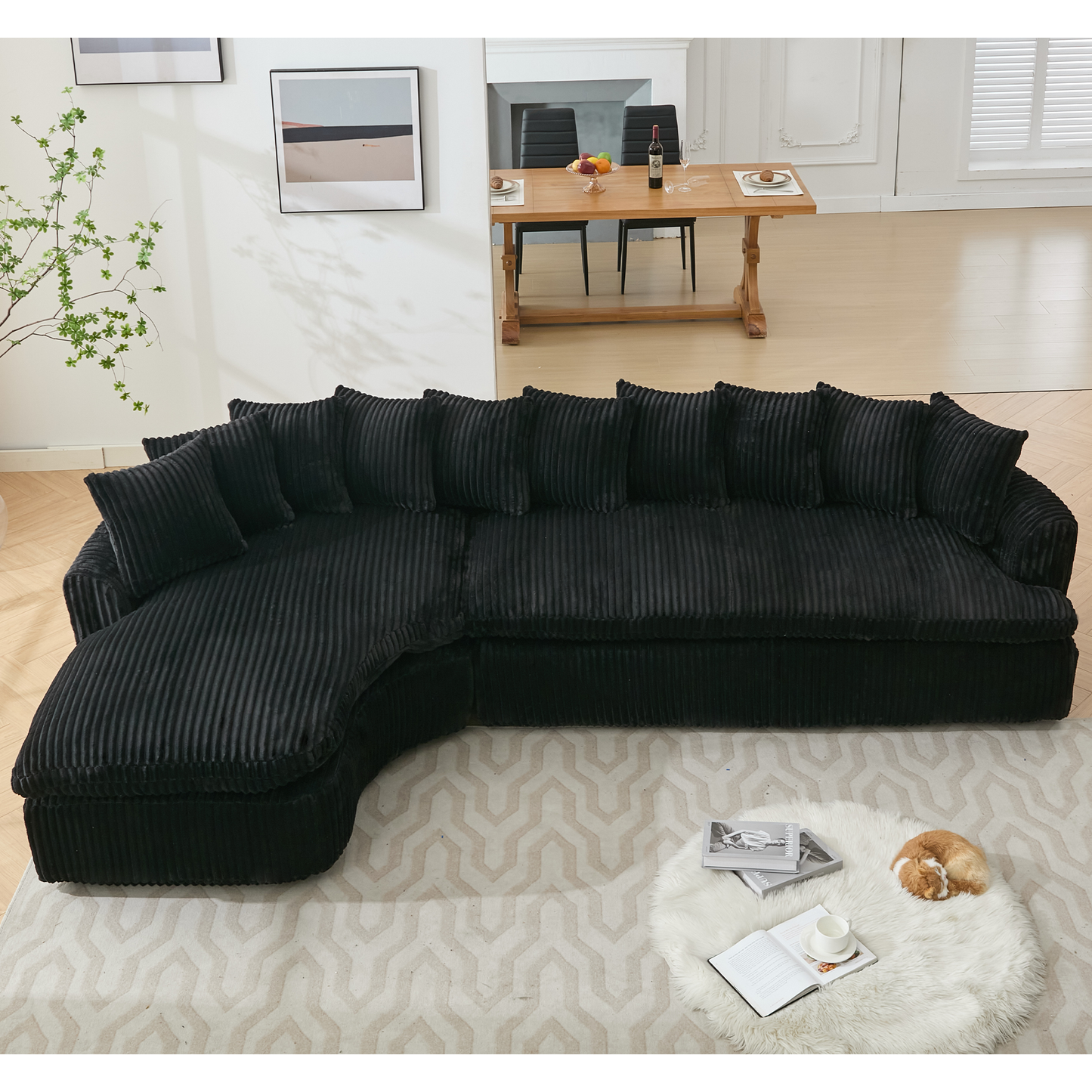 NEW 127''  Large Sectional Sofa ,Elegant Curved Design ,High-Resilience Foam ,Ten Back Cushions,L-Shape Left Sofa,No Assembly  Required , (Black-Soft Corduroy Fabric)