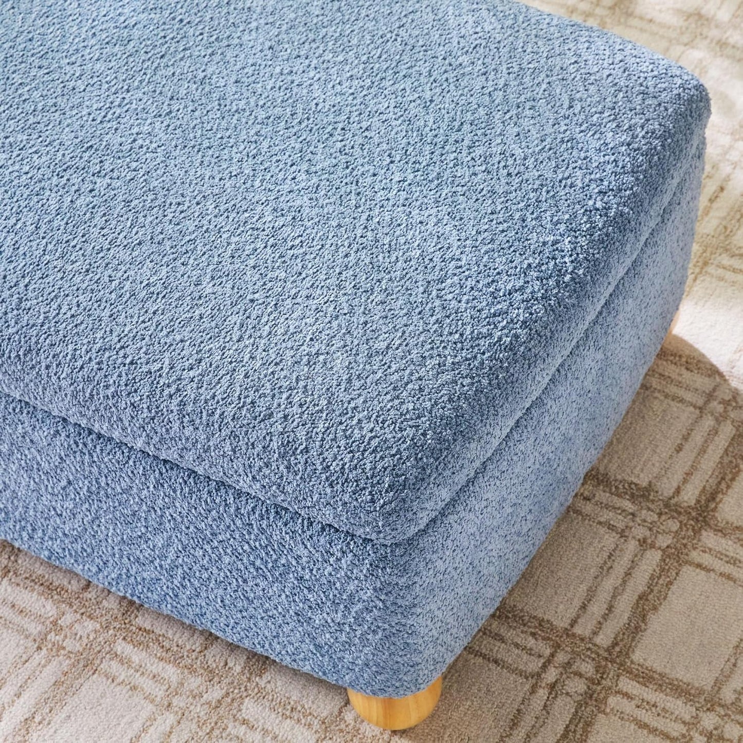 NEW Oversized Large Soft Blue Boucle Fabric Storage Ottoman