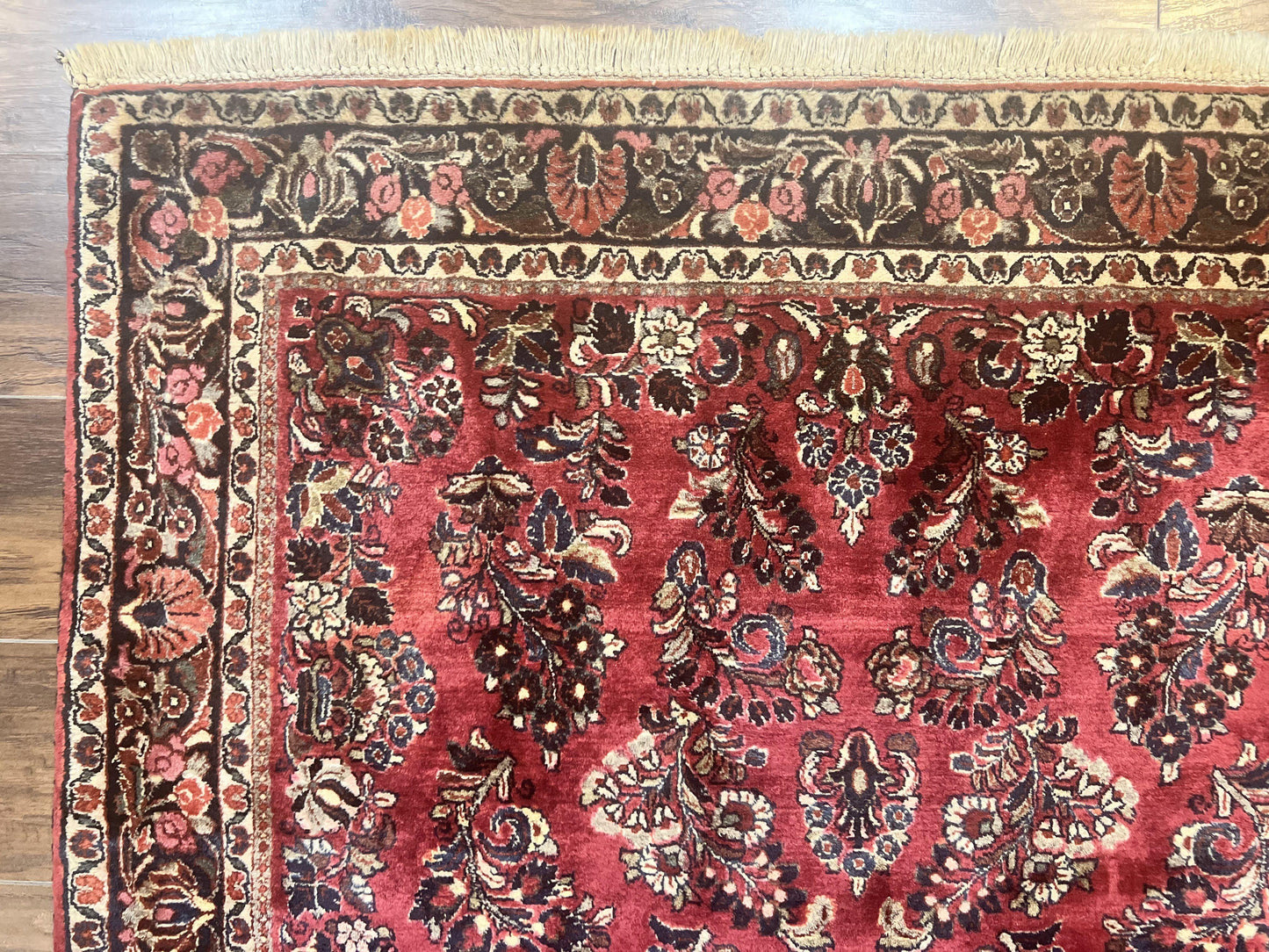 USED Antique Persian Sarouk Rug 4x7, Hand Knotted Wool Red Persian Carpet, Floral
