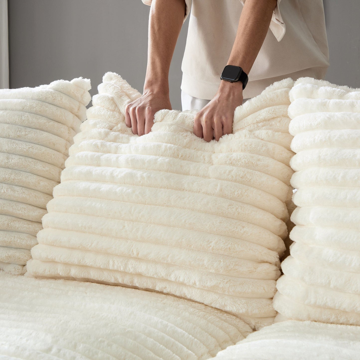 NEW 82.7 ' Plush Beige Corduroy Modern Comfy Upholstered Deep 3-Seat Sofa Couch Convertible Lounge Chair with Soft Pillows and Ottoman