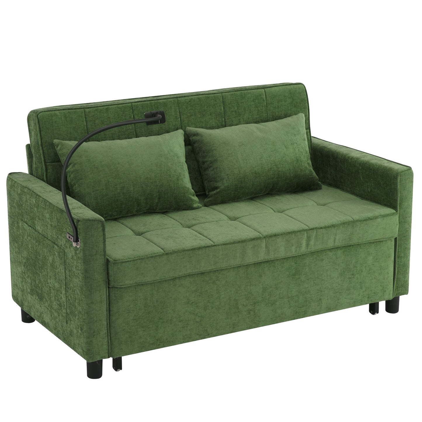 NEW 56.9' Convertible Loveseat Sofa Bed with Adjustable Backrest, USB Ports, Phone Holder, Side Pockets, Green Chenille,