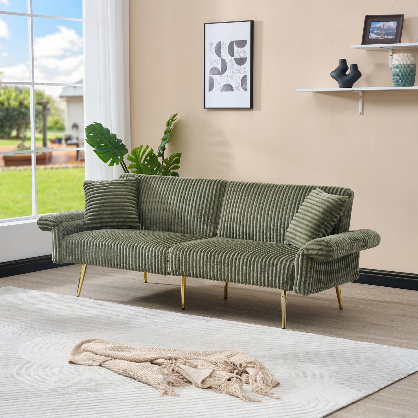 NEW Modern Corduroy Sofa Bed, Foldable Double Sofa with Armrests, Green Velvet, 79 Inch