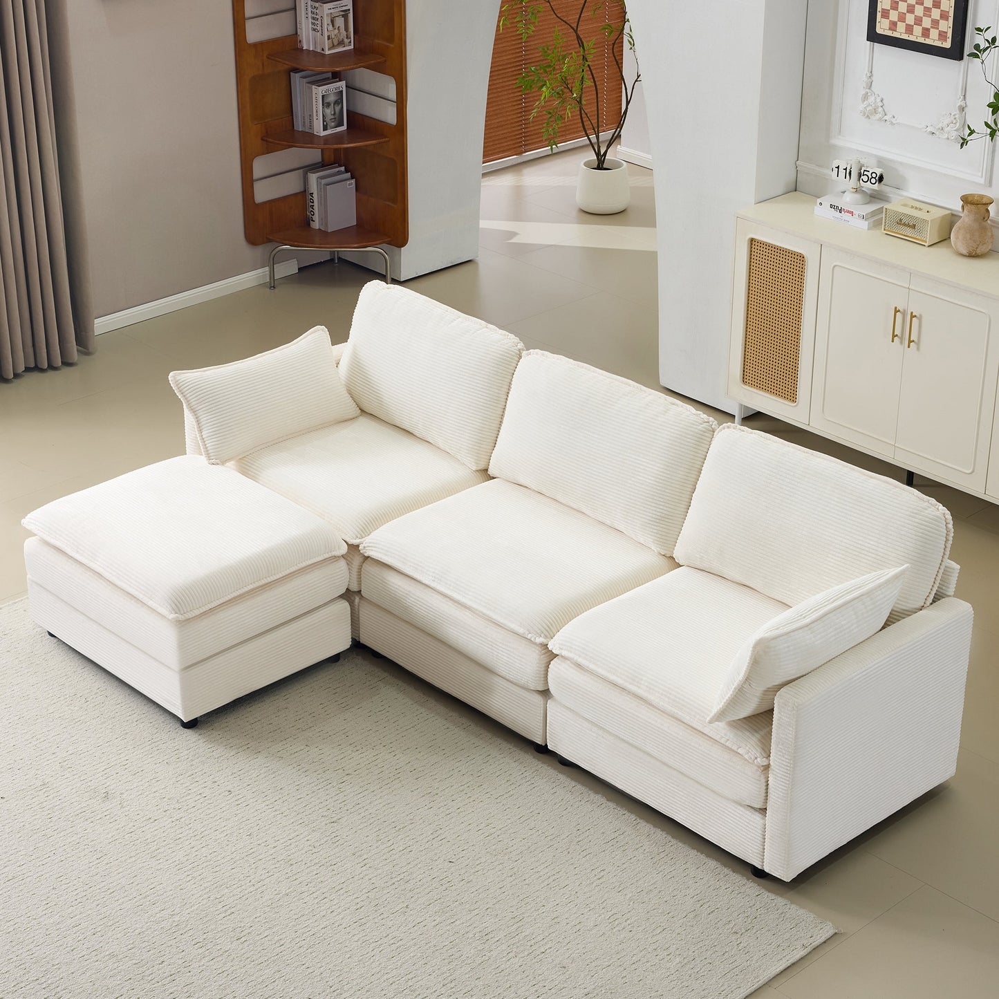 NEW 104' Plush Cloud Beige 3 Seater Modular Sofa + Ottoman with 22' Chenille Cushions and 2 Throw Pillows