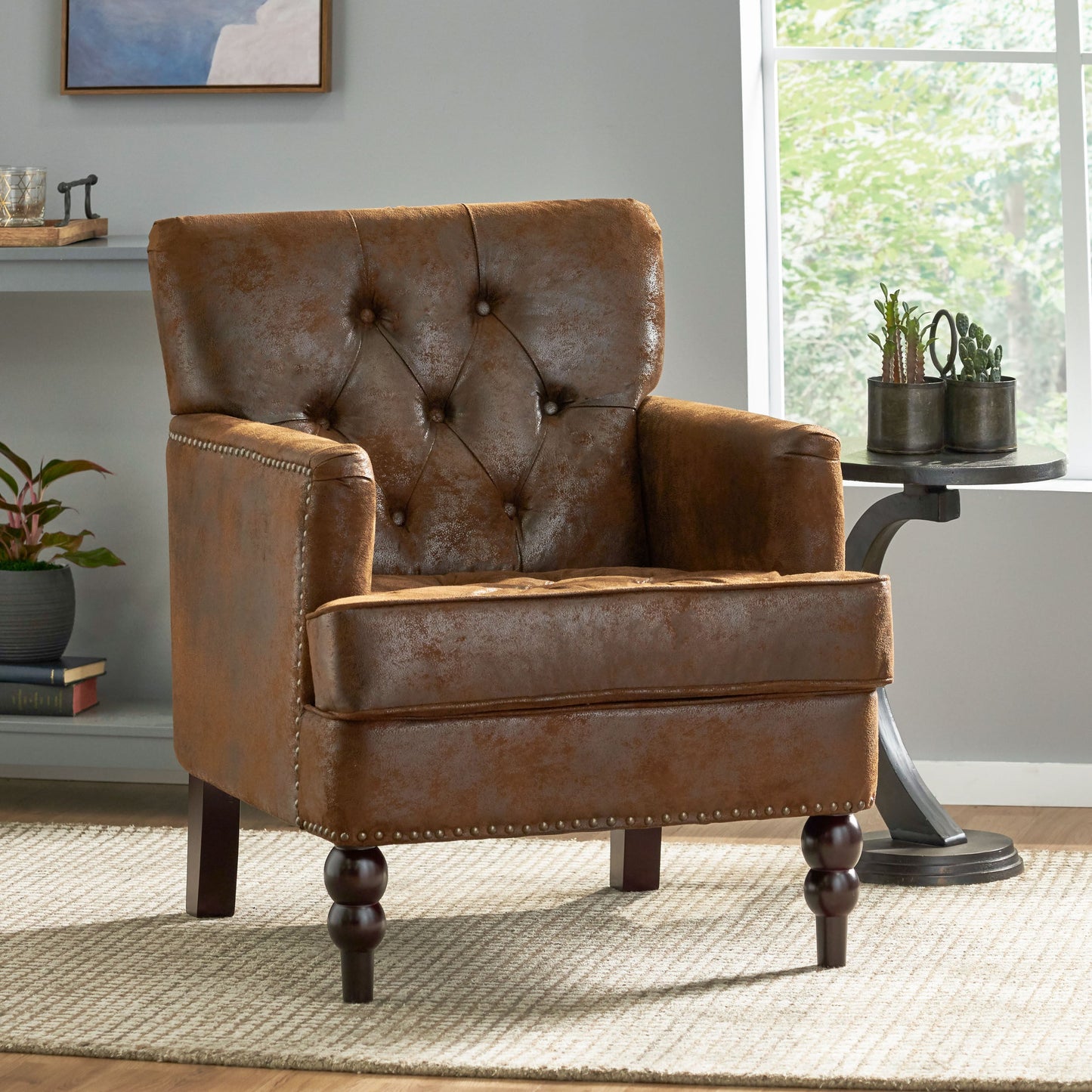 NEW Brown Vitality Club Chair with Button-tufted Diamond Stitching and Turned Legs