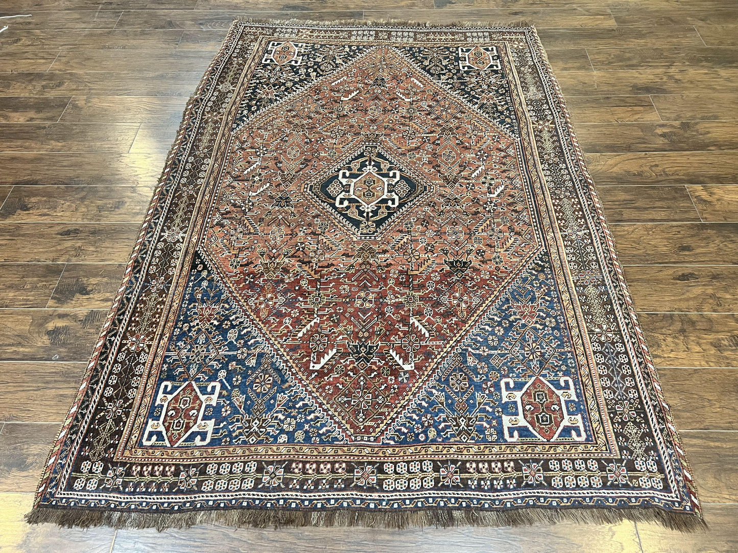 USED Antique Persian Shiraz Tribal Rug 6x8, Geometric Rug, Wool Handmade Hand Knotted Carpet, Red Blue