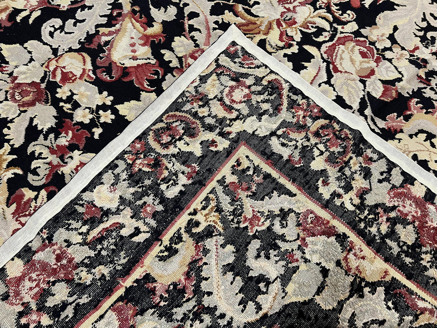 USED Wool Needlepoint Rug 9x12, William Morris Vintage Chinese Needlepoint Carpet 9 x 12, Handwoven, Allover Floral Area Rug, Black Light Green