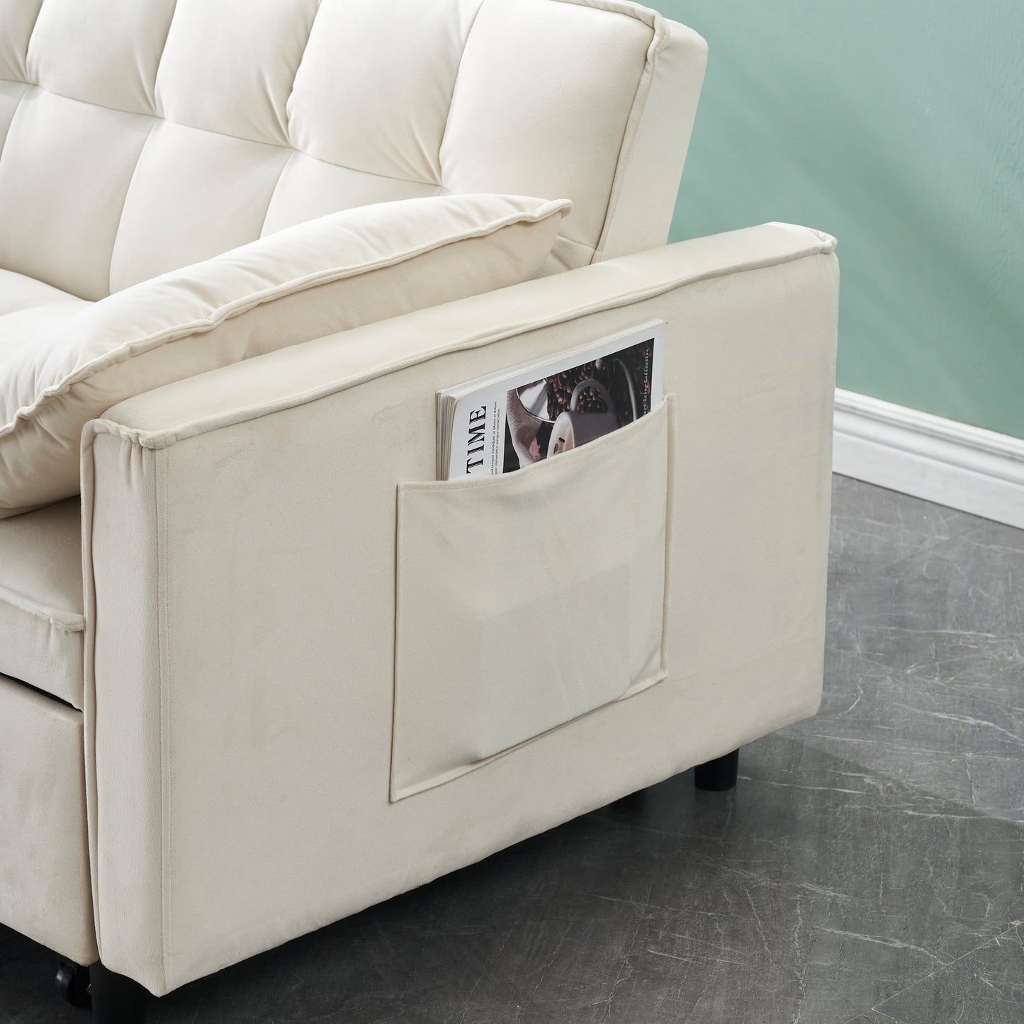 NEW 55-inch Beige Velvet Elegant Sofa Bed Couch with Storage Pockets