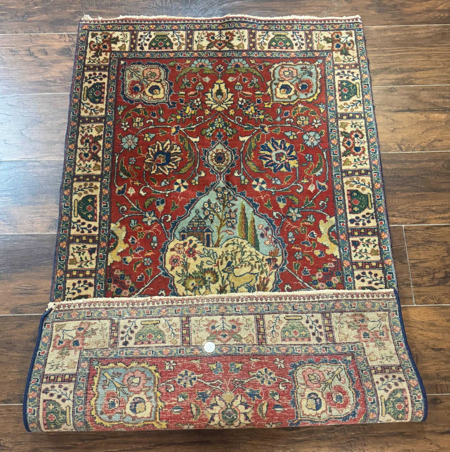 USED Small Persian Tabriz Rug 2.8 x 4.7, Red, Animal Pictorials, Semi Antique Vintage