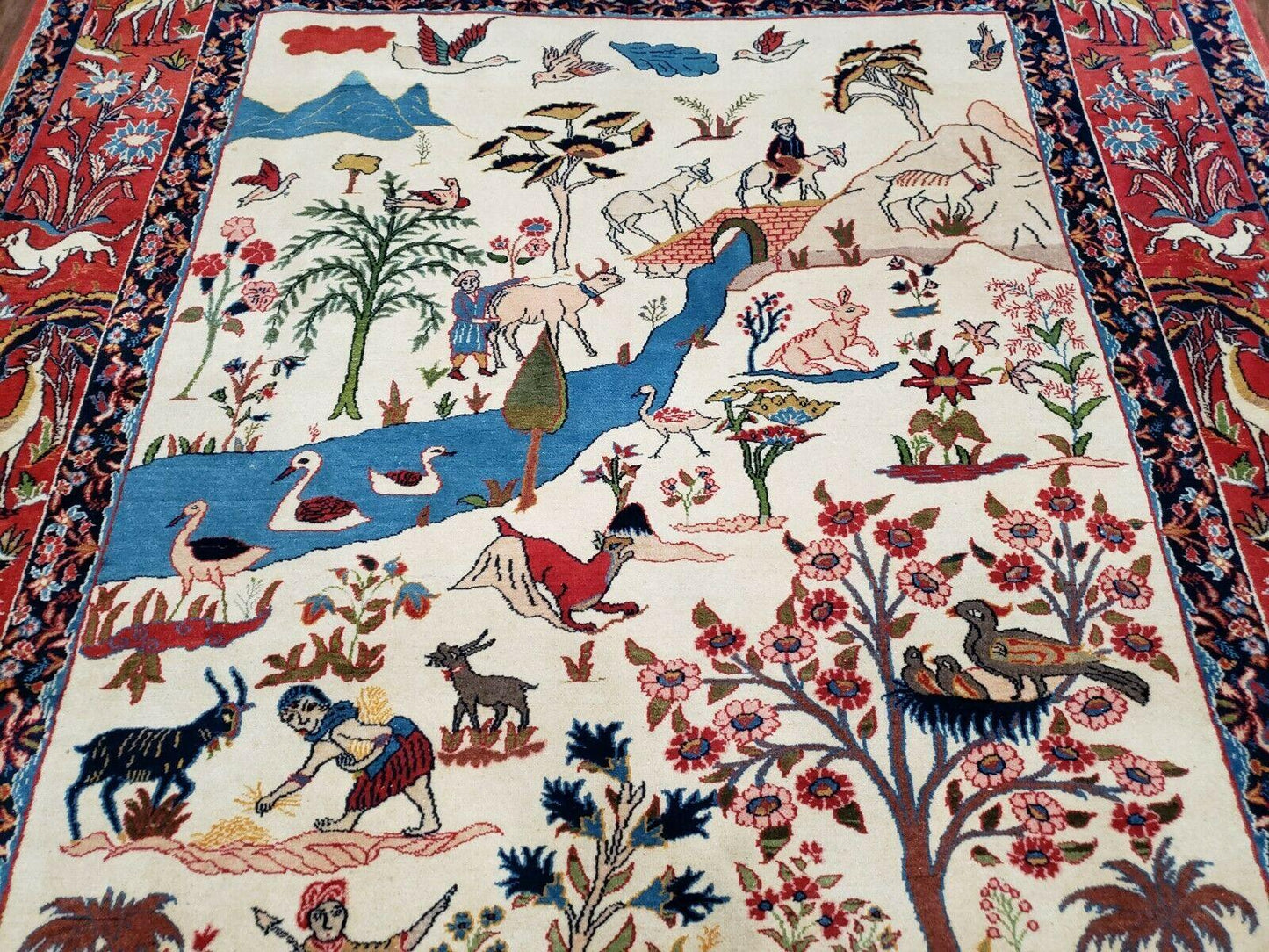 USED Antique Persian Isfahan Rug 5x7, Animal and Human Pictorials, Hand Knotted Fine Oriental Wool Carpet, Cream and Red, High KPSI, Vintage Rug 5 x 7 ft