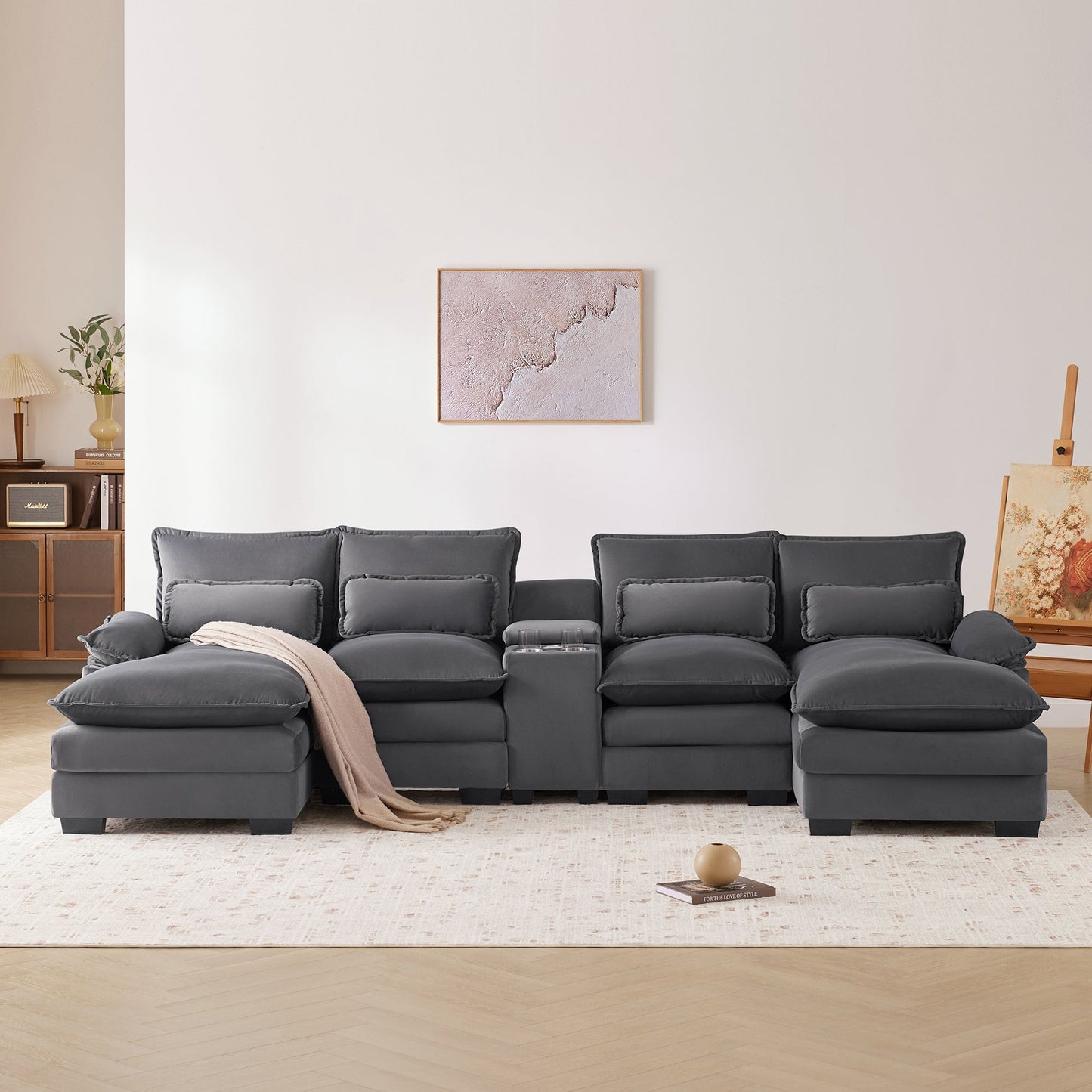 NEW Modern Gray Velvet Upholstered U-shaped 6-Seat Sofa with Console Cupholders and USB Ports