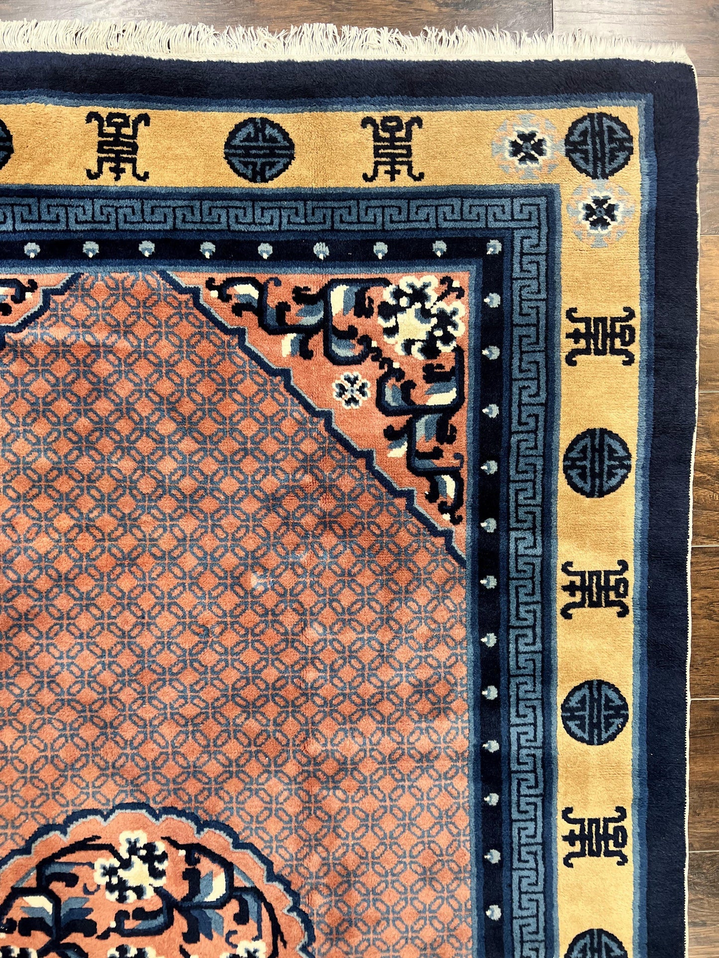 USED Chinese Peking Rug 5x8, Vintage Semi Antique Chinese Art Deco Carpet, Wool Pile Light Red/Salmon Gold Navy Blue, Handmade Asian Oriental Rug