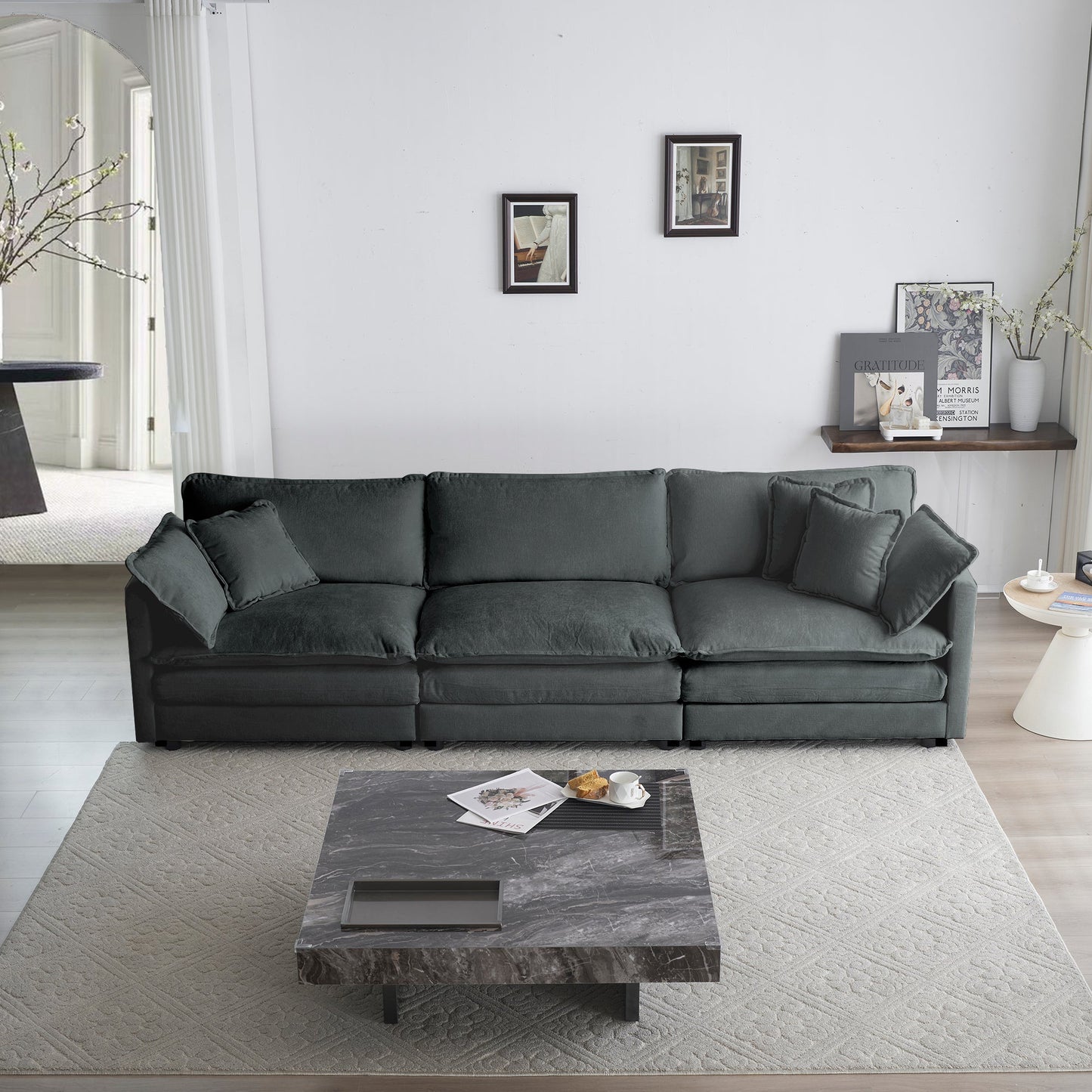 NEW Mid-Century Modern Couch 3-Seater Sofa with 2 Armrest Pillows and 3 Toss Pillows, Couch for Living Room Gray Chenille