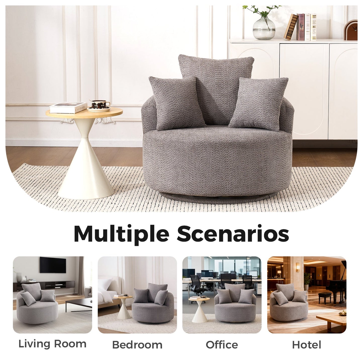 NEW 360° Swivel Round Grey Upholstered Accent Barrel Chair with 3 Removable Pillows