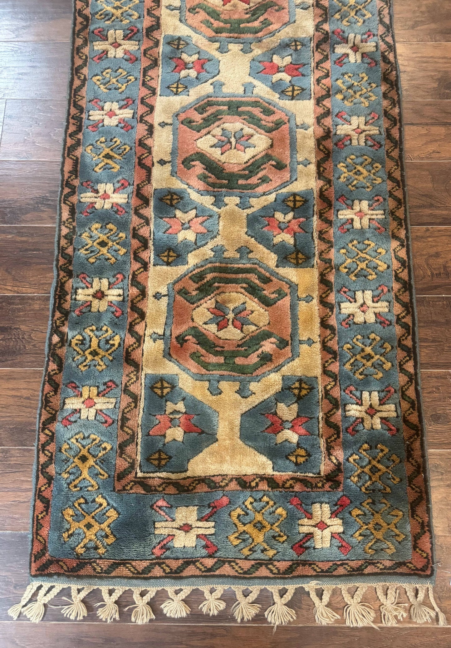 USED Turkish Kazak Runner Rug 3x11, Cream and Light Blue, Vintage