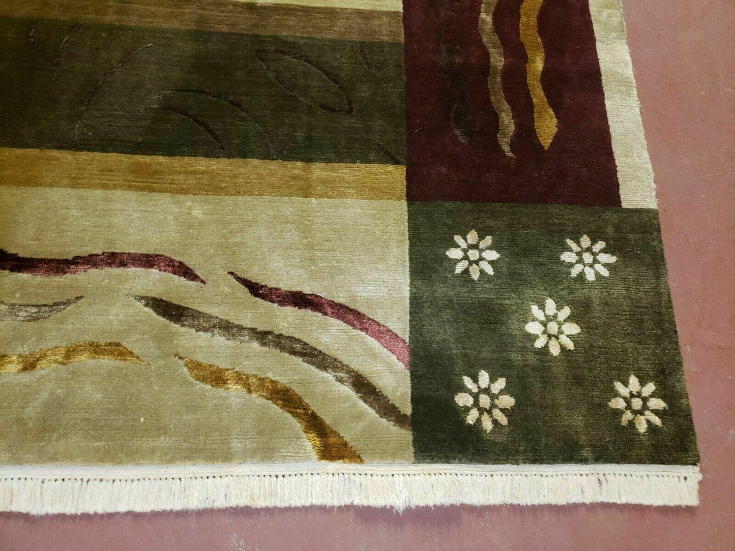 USED 6' X 9' Modern Handmade Tibetan Nepal Wool & Silk Rug Decorative Abstract Gold