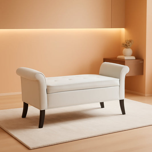 NEW Fifty TwoInches Durable White Upholstered Storage Ottoman Bench