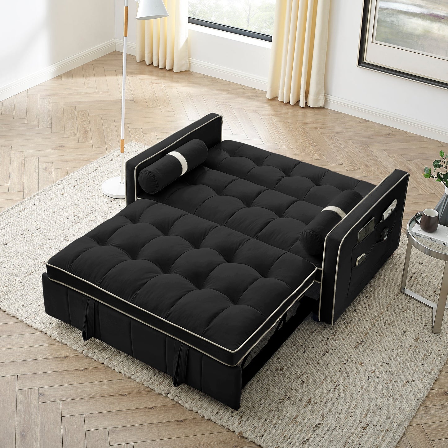 NEW Modern 55.5' Pull Out Sleep Sofa Bed 2 Seater Loveseat Sofa Couch with Side Pockets Adjustable Backrest and Lumbar Pillows