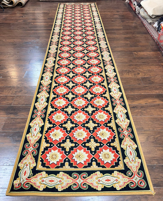 USED Runner Rug 4x19, Panel Design Rug, Custom Made Stark Runner Carpet, Wool, Vintage 4 x 19 Hallway Rug, European Design, Red Black Ivory Tan