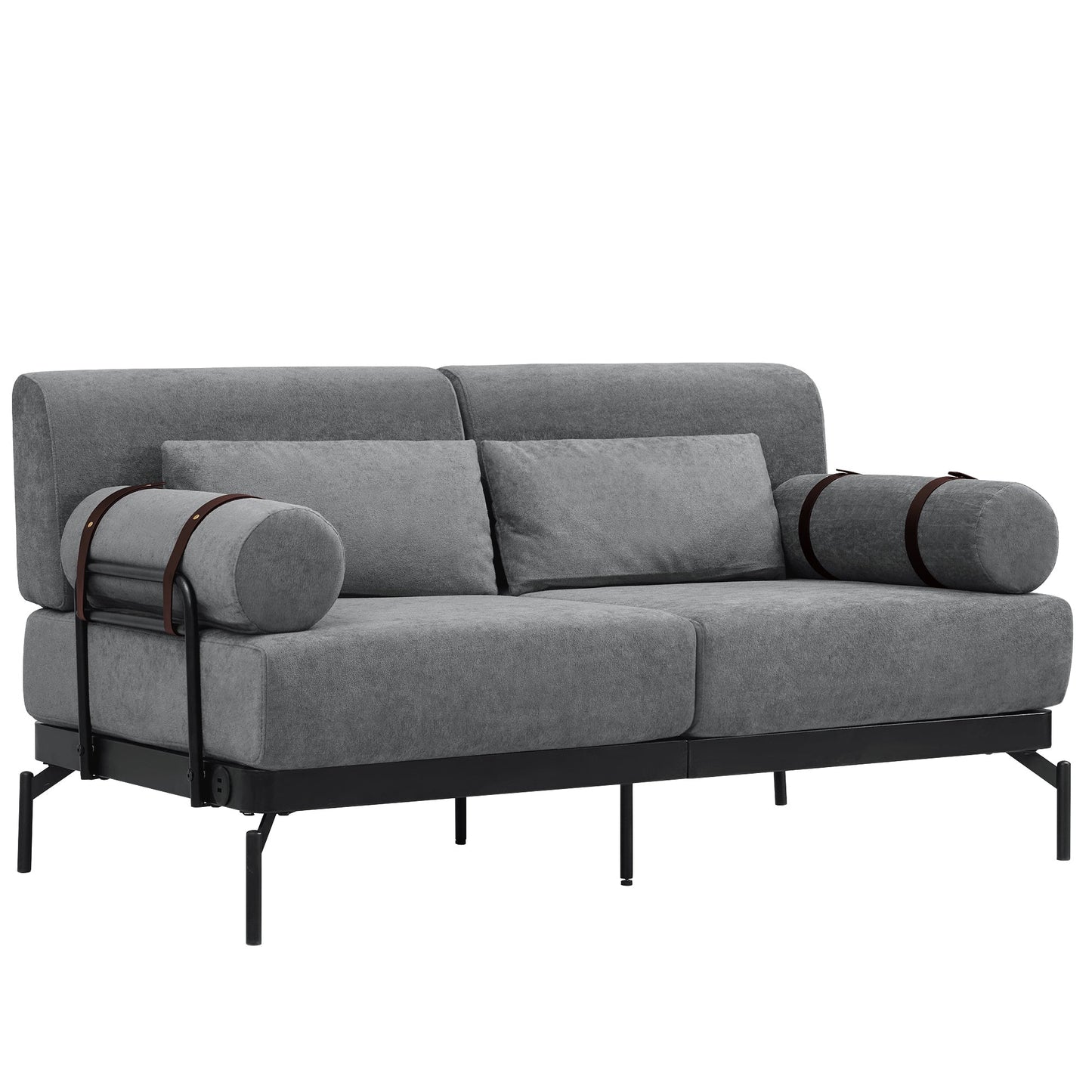 NEW Modern Grey Chenille 2 Seater Loveseat 59' Sofa Couch with USB Ports Unique Cylindrical Armrests