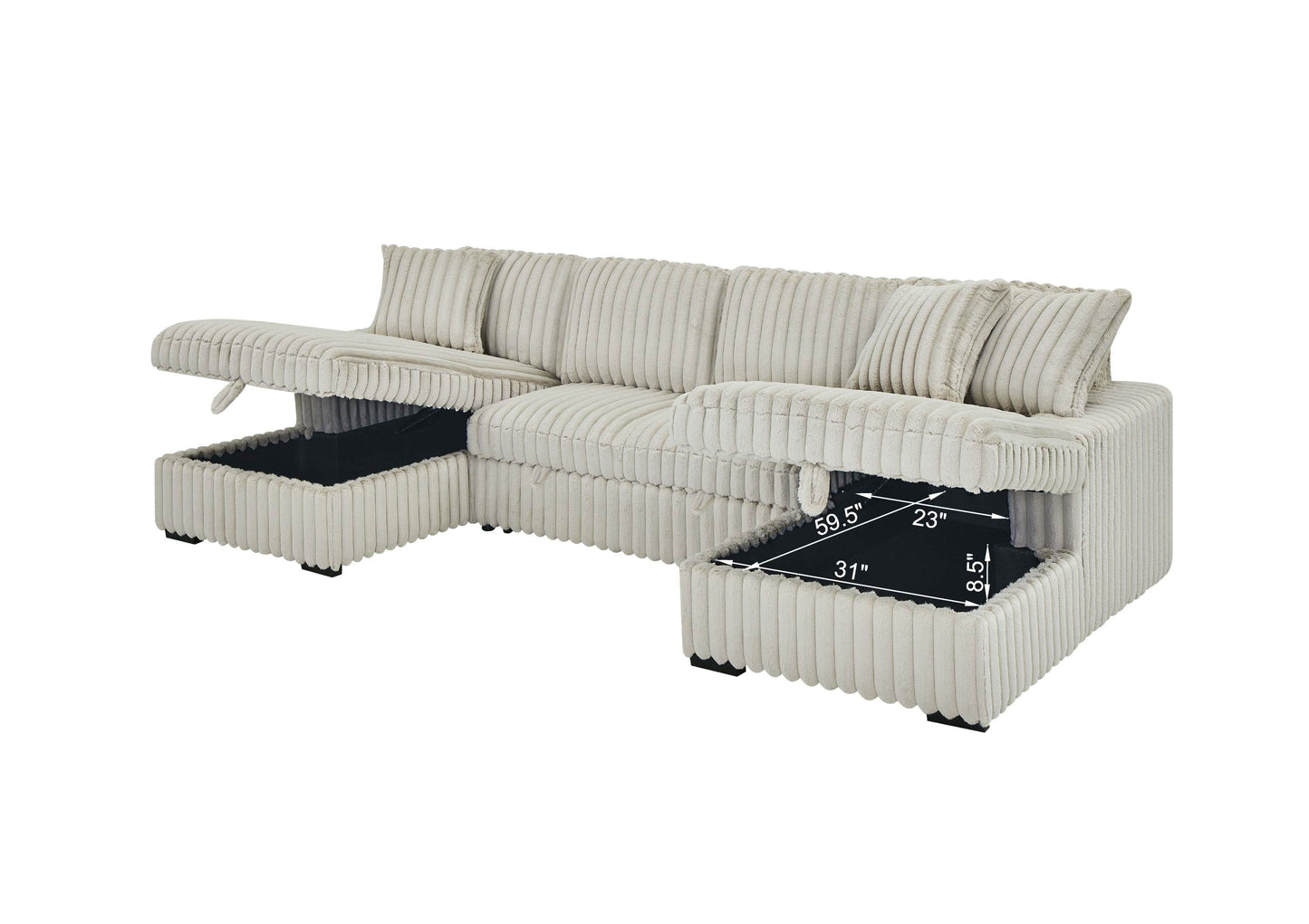 NEW 122 inch Rabbit Khaki Plush Corduroy Fabric Oversized U Shaped Sleeper Sofa 2 in 1 Pull Out Bed Sectional Sleeper Couch with Double Storage Chaise