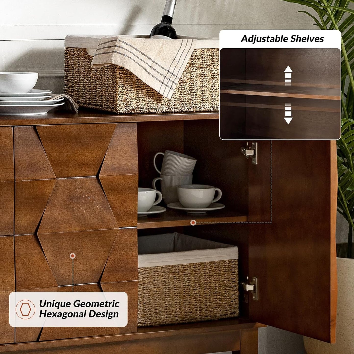 NEW Walnut Mid Century Sideboard Buffet With Solid Wood Legs