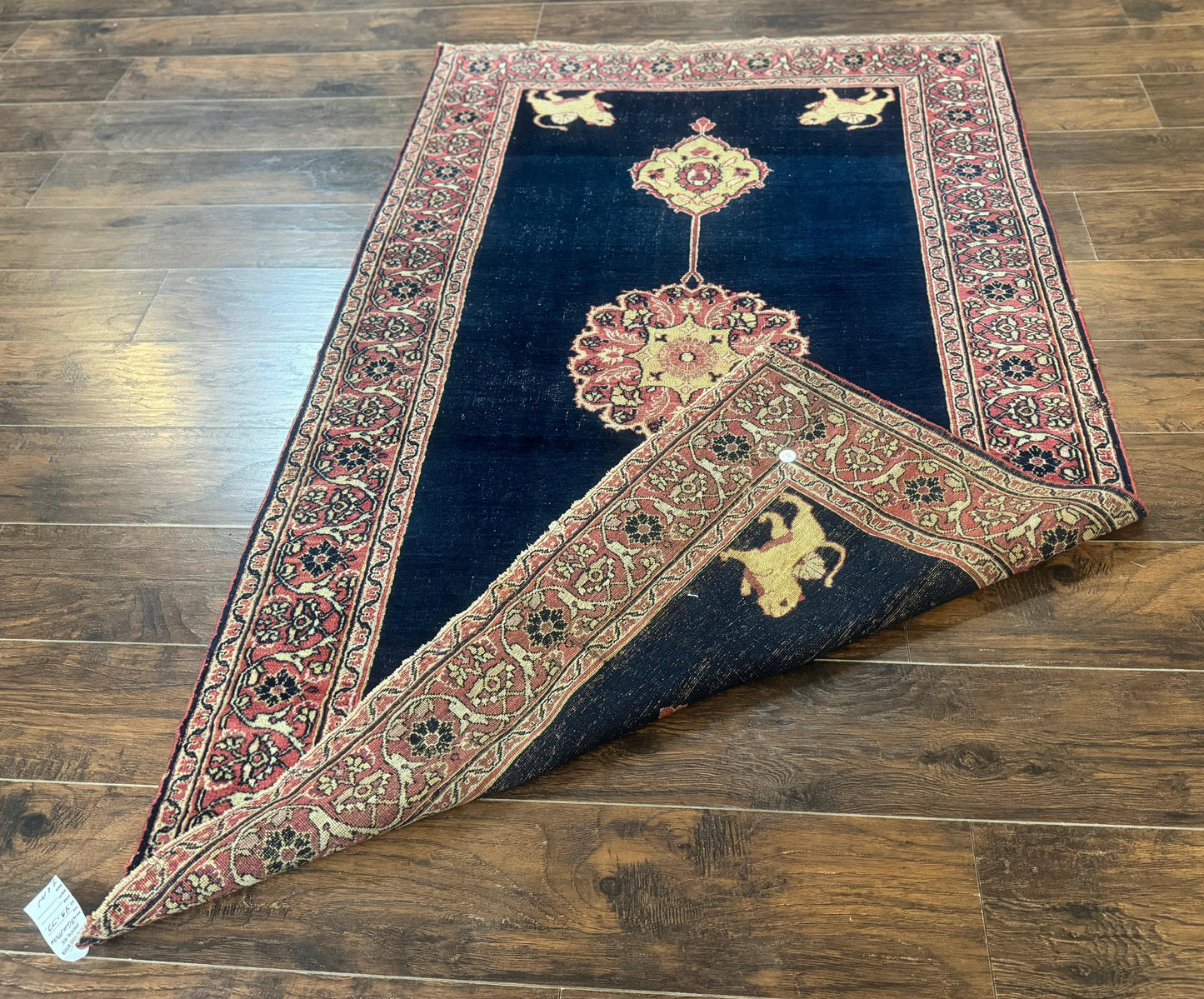 USED Antique Persian Mashad Rug 4x6, Semi Open Field, Navy Blue, Lion Pictorials, Triple Medallion, Dorokhsh Rug