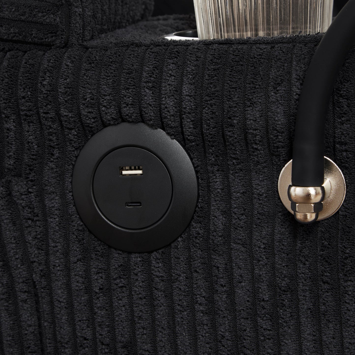 NEW Convertible Chaise Lounge Sofa Chair Bed with USB Ports, Cup Holders & Storage, Black Corduroy, 37.4'