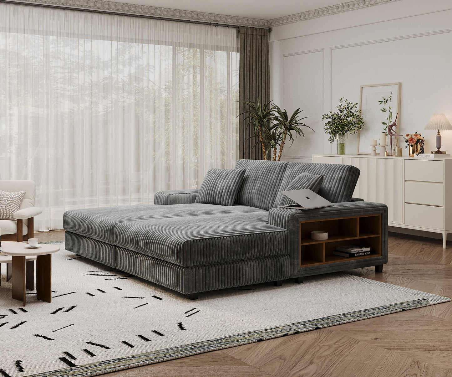 NEW Convertible combination sofa, corduroy fabric, fluffy modern sleeper sofa chair, oversized combination living room double lounge chair,Dark Grey