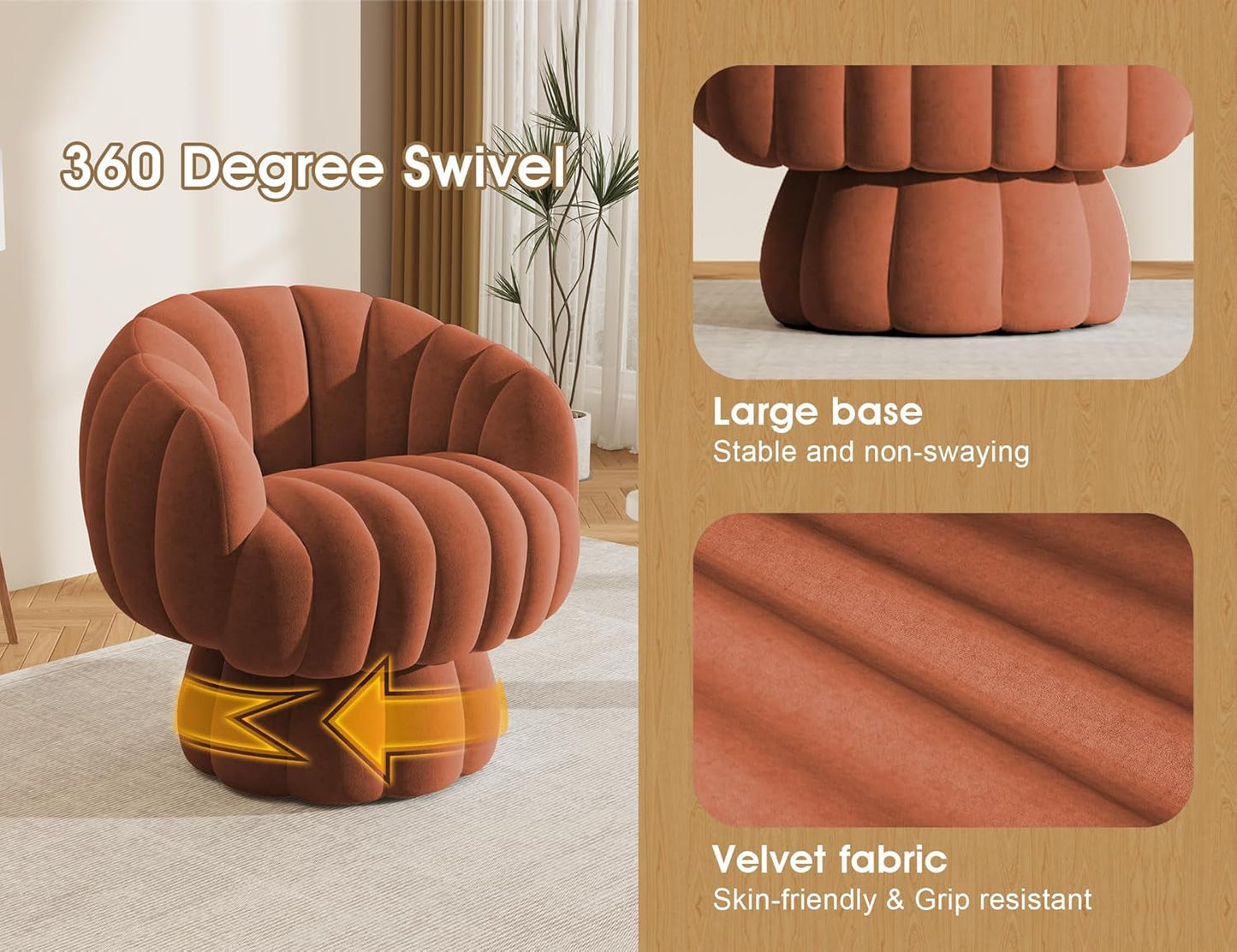 NEW Luxurious Mid Century Burnt Orange Swivel Armchair