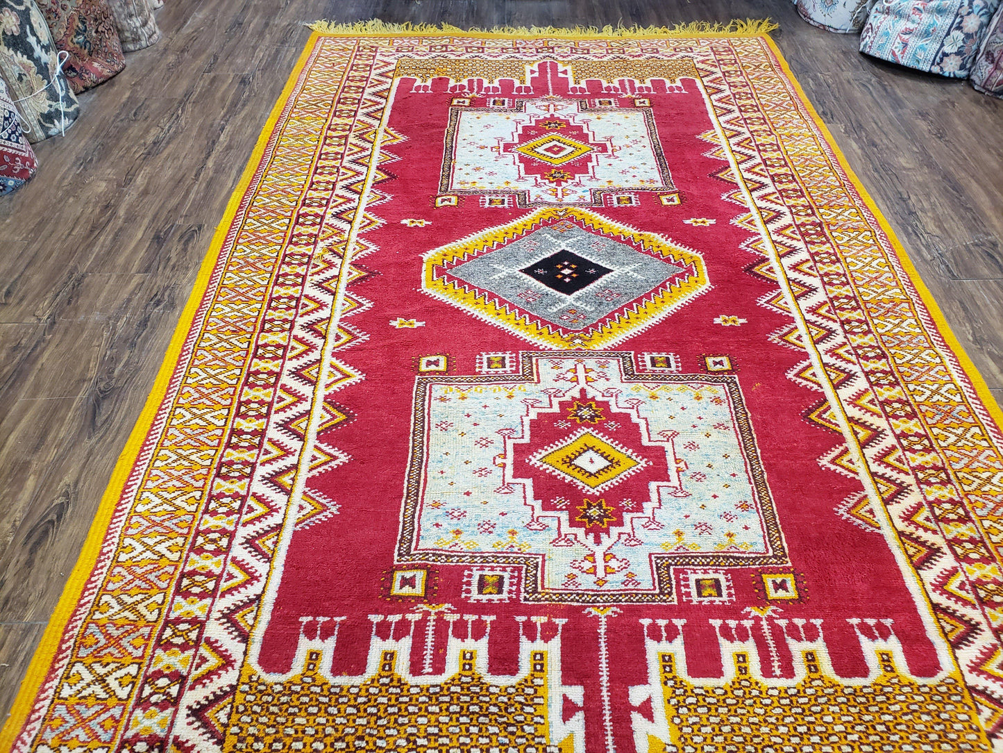 USED Vintage Moroccan Rug 6x10, Red and Yellow Moroccan Carpet, Handmade Bohemian Tribal Area Rug, Hand-Knotted 1970s Wool Rug, Medalions