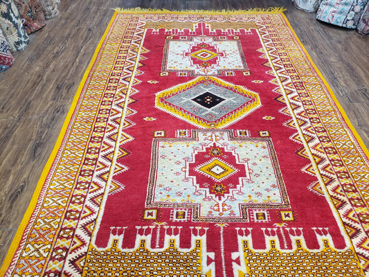 USED Vintage Moroccan Rug 6x10, Red and Yellow Moroccan Carpet, Handmade Bohemian Tribal Area Rug, Hand-Knotted 1970s Wool Rug, Medalions