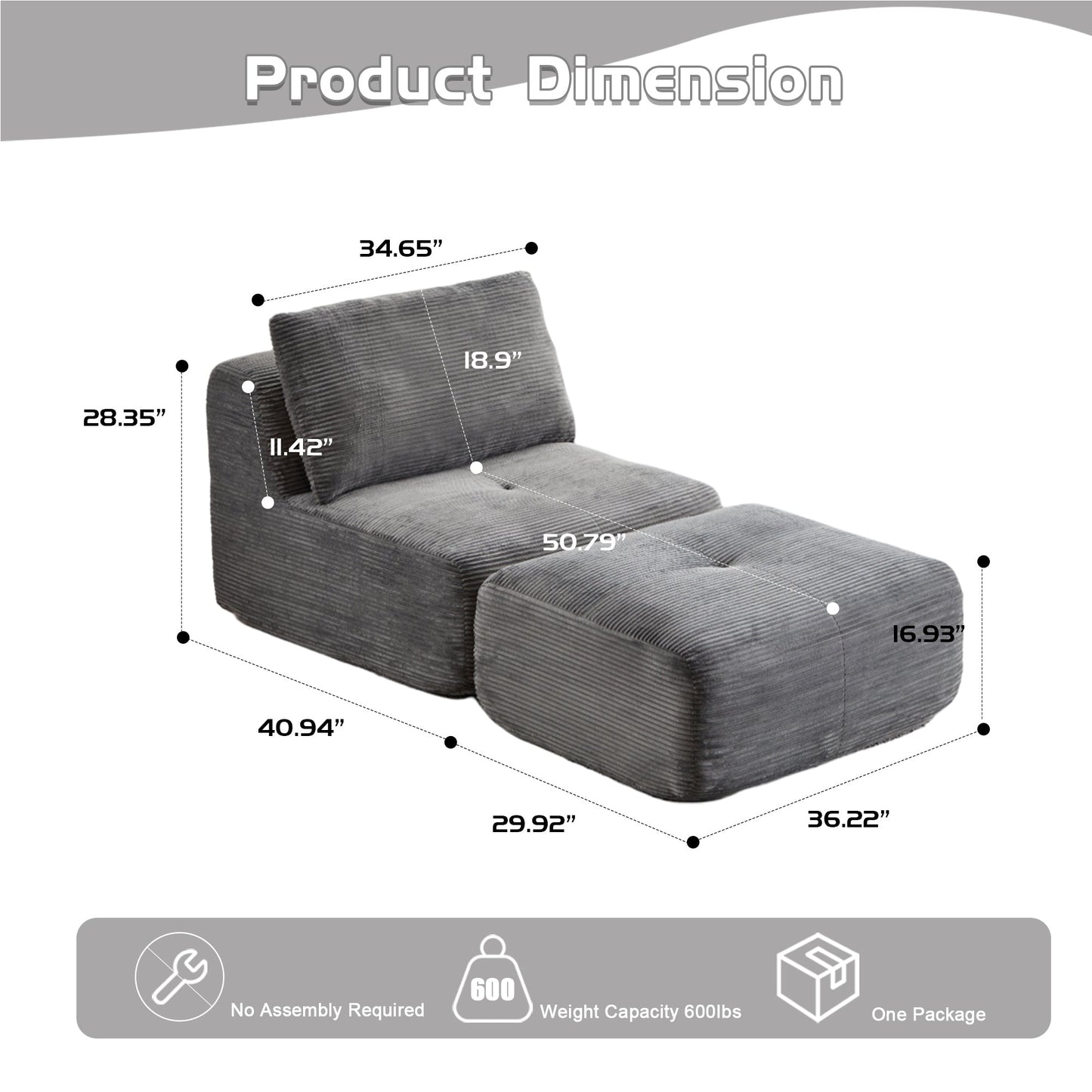 NEW Grey Single Corduroy Chaise Lounge Fabric Modern Memory Foam Compressed Sofa Cloud Modular Sectional Movable Ottoman