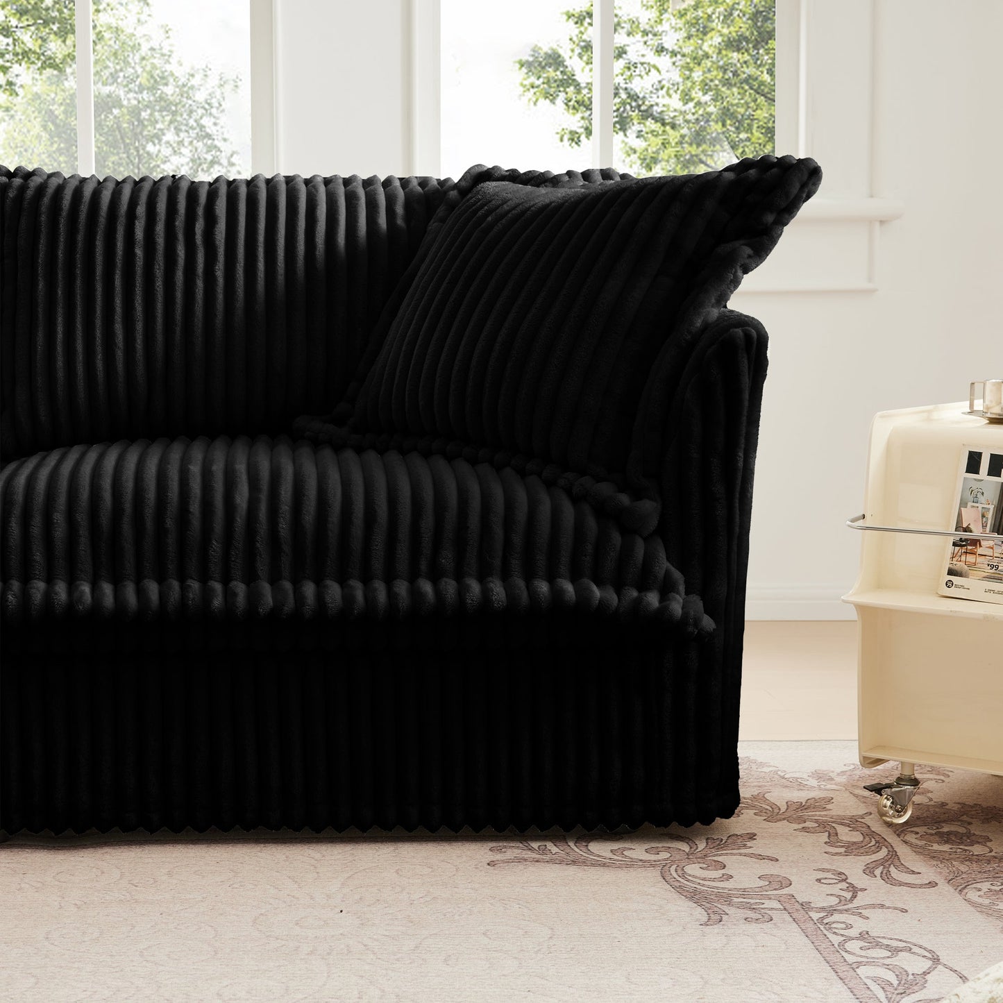 NEW Slip-covered Armchair with 1 Big Back Cushion and 2 Big Toss Pillows, Single Deep Seat Comfy Single Couch Sofa Multiple Large Soft Pillows, Black Corduroy Fabric