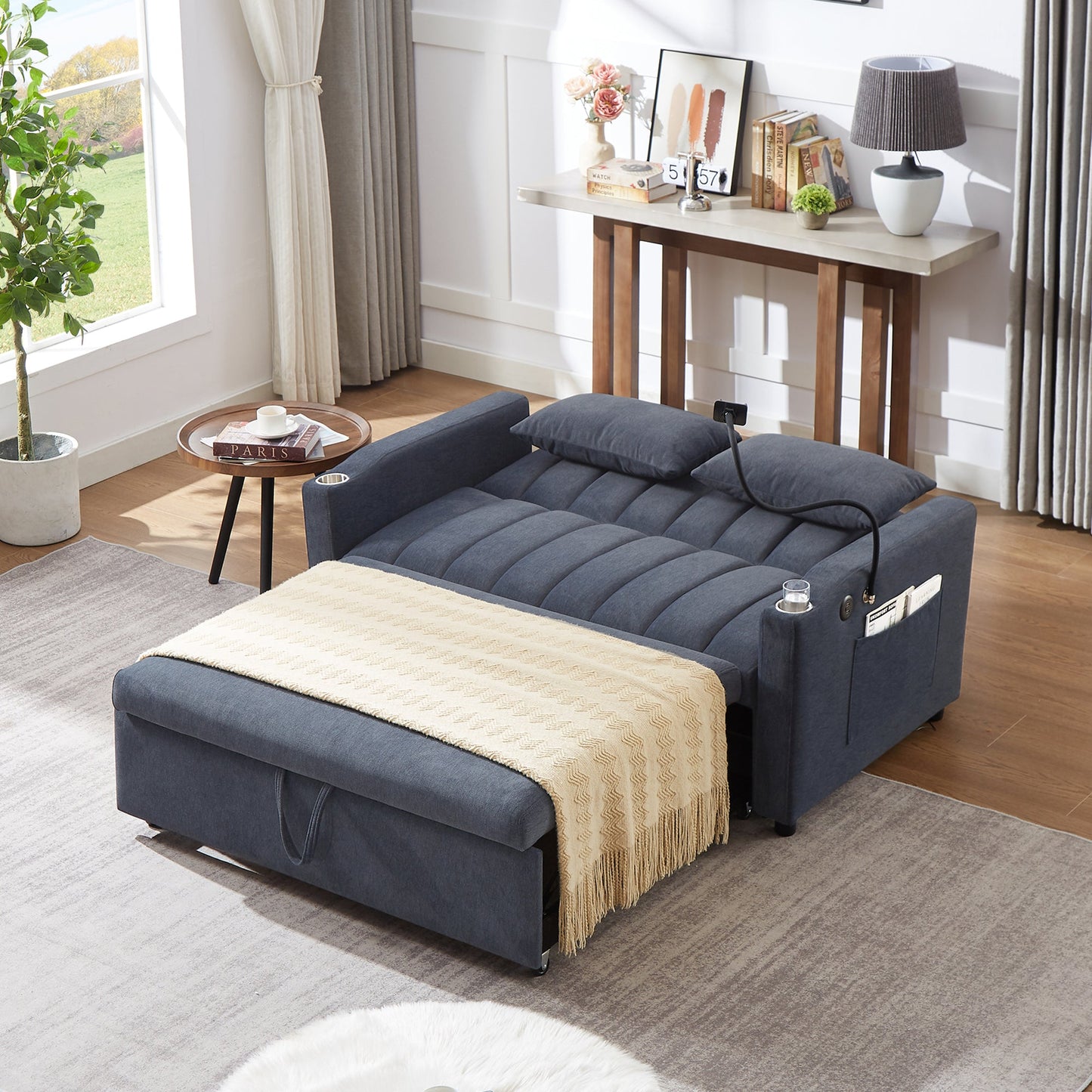 NEW Convertible Sofa Bed Loveseat with USB Ports, Side Pockets, Cup Holders, and Phone Holder in Blue Grey Bella Fabric, 55.9'