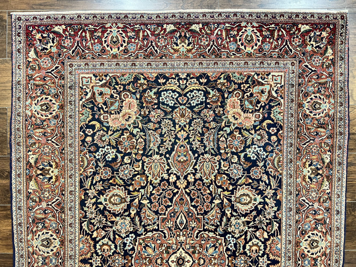 USED Persian Kashan Rug 4x7, Floral Medallion Vintage Handmade Hand Knotted Navy Blue & Red Wool Oriental Carpet, Highly Detailed Semi Antique Rug