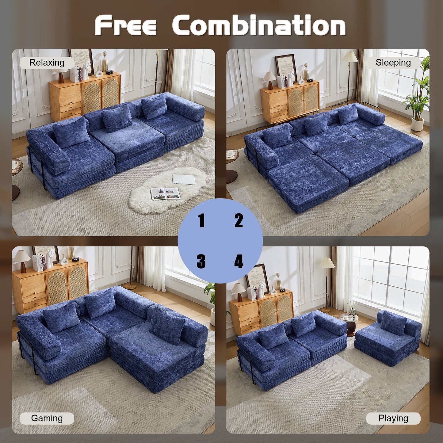 NEW Dark Blue Chenille Fabric Compression Convertible Floor Sofa Bed with Fixed-Shape Frame Boneless Modular Sectional Couch