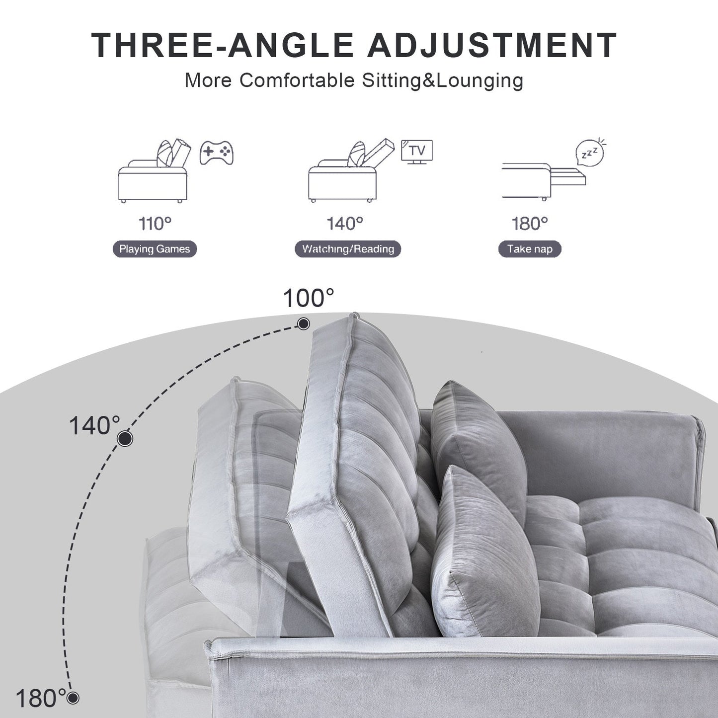 NEW 3 in 1 Convertible Sleeper Sofa Bed,  Modern Pull Out Couch Bed, Adjustable Backrest, Velvet Loveseat Futon Sofa with Pillows & Pockets for Living Room Apartment, Grey