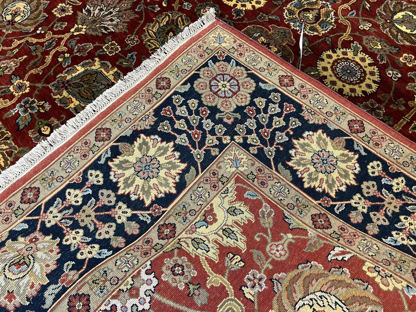 USED Indo Persian Rug 9x12, Hand Knotted Traditional Indian Wool Oriental Carpet 9 x 12 ft, Maroon and Navy Blue, Floral Allover 9x12 Vintage Rug